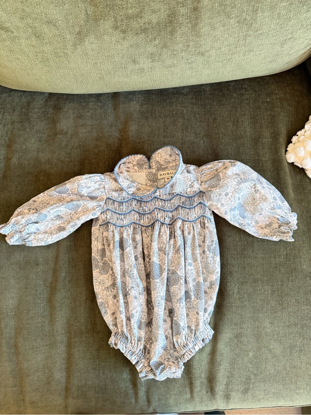 Baybalu Blue Floral Smocked Baby Romper with Peter Pan Collar